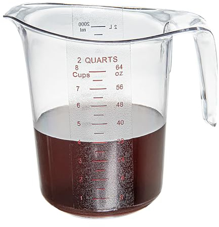 Restaurantware RW Base 2 Quart Measuring Jar 1 Durable Measuring Beaker - Metric And Imperial Units V-Shaped Spout Clear Plastic Measuring Cup Handle With Thumb-Grip Tolerates Up To 248F