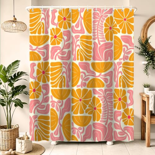 DeeCabin Cortina de ducha bohemia abstracta colorida floral, vintage, retazos, Matisse, naranja, rosa, flores, botánica, geométrica, estética, genial, decoración de baño, juego de cortina de ducha con