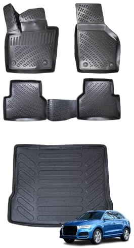 BMY MOTORS Car Floor Mats + Cargo Liner Compatible for Audi Q3 2015-2018 Black | Front & Rear Full Set Trunk Mat with Floor Mats | Waterproof | All Weather | High Tech Mat