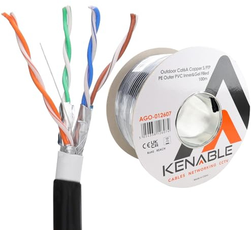 kenable Cable de Red Ethernet CAT6A para Exterior Enterramiento Directo COBRE Gel Bobina Impermeable 10Gbps 100 m [100 metros/100m] Negro