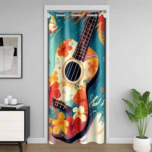 Feelyou Gitarrentürvorhang für Jungen, Motiv: Musik-Thema, Gitarre, Türvorhang, Privatsphäre, Heimdekoration, Musiknoten, 30 % - 50 % Verdunkelung, isolierter Thermovorhang, orangefarbenes