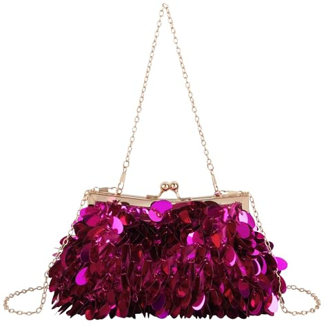 MilyaDE Bolso de mano de mujer con diseño de flores, elegante, para bodas, fiestas, vestidos, bolso de noche, bolso con cadena de cierre de beso, D-lentejuelas magenta, 23*4,5*13cm