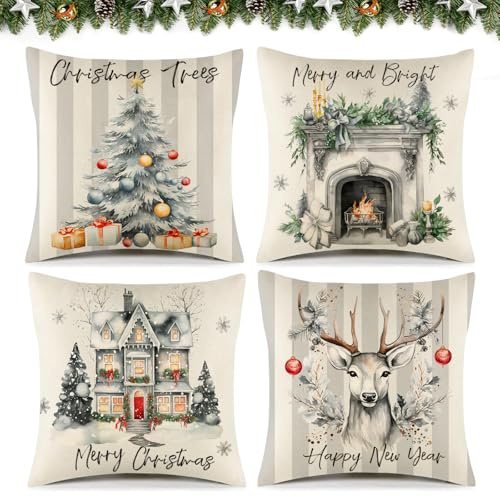 Gaeymy Fundas Cojines 45x45, Juego de 4 Cojines Decorativos de Lino para Navidad y Sofá, Salón, Dormitorio, Gris