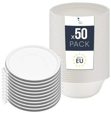 BenBow Einwegschale aus Bagasse mit Deckel 50 x 750ml, einweg suppenschalen, suppenteller, einwegschalen, Biologisch Abbaubar, Hitzebeständig bis 95°C, Ideal für Catering