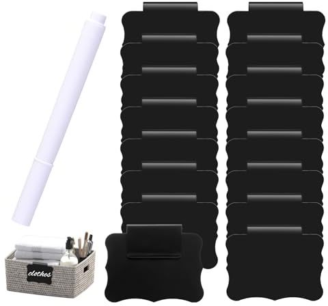 ElevateTech Etikettenhalter Clip 16 Stück Korb Etiketten Clips Korbetiketten zum Anklipsen Abnehmbare Behälterkor Wiederverwendbare Etiketten für Schrankkörbe und Lagerkorbhalter mit 1 Weißer Kreide