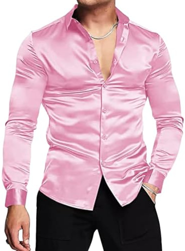 nicticsi Camicie Casual Uomo Camicie di Raso Maniche Lunghe Festa Palla Camicia Elegante Moda Lusso Estive Maglietta Slim Fit Shirts Lucido Camicia in Raso