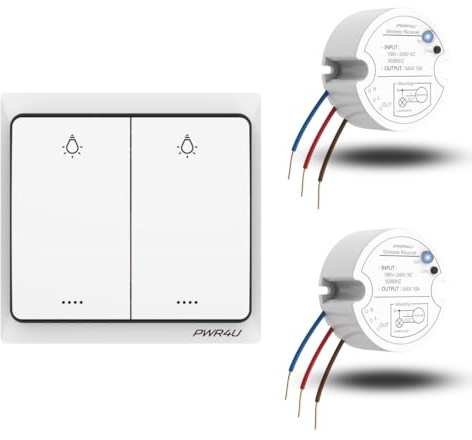 PWR4U Kinetischer Funk-Wandschalter Set – kabelloser, batterieloser Serienschalter für Wandmontage, Komplett-Set mit Empfänger, doppelt, bis zu 200 m Reichweite