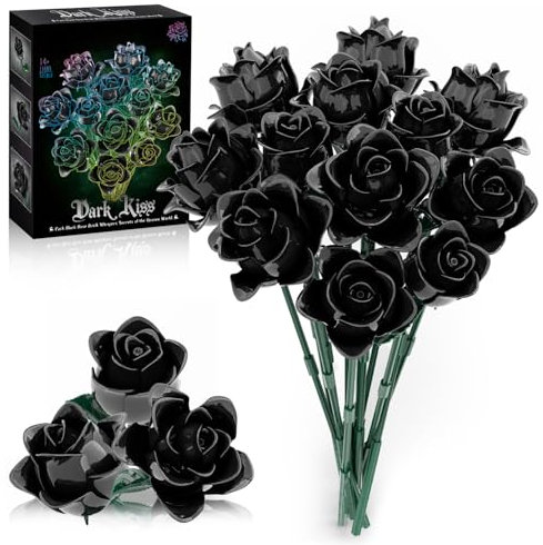 Coffret de construction Bouquet de Roses Noires, Collection Botanique de Fleurs Artificielles pour Adultes, Décoration d'Intérieur Gothique et Cadeau d'Anniversaire pour Femmes et Filles, 585 PIÈCES