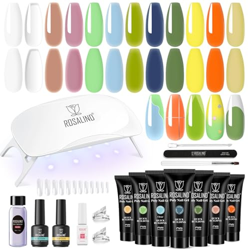 ROSALIND Uñas Poligel Kit Completo, 12pcs Gel Extensión de Uñas 10ml con UV Lámpara, Base&Top Coat, Nail Art Kit Uñas de Gel Completo para Bricolaje en Casa & Profesionales Salón