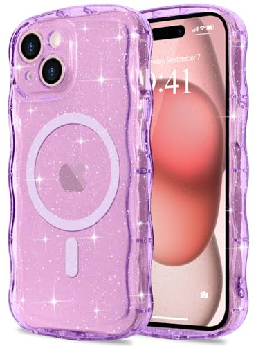 Pepmune Magnetiskt fodral för iPhone 15 fodral kompatibelt med Magsafe vågig ram form glitter transparent fodral tunt stötsäkert fodral för iPhone 15 lila