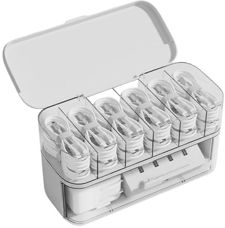 QINZITAO Caja de almacenamiento de cables de escritorio con 10 compartimentos, organizadores transparentes de alta capacidad, accesorio portátil para escritorio de oficina en casa