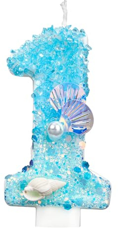 Birthday Number Candle, Blue & White Sequin Conch Pearl Shell Birthday Candle Number Cake Topper for Ocean Beach Themed Party Supplies Decoration (1)