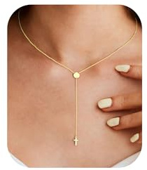 TINGN Kette Gold Damen 14K Vergoldet Lange Y Ketten Mehrreihige Halskette Damen Layering Kette mit Gold Kreuz Tropfen Herz Halskette Frauen Wasserfester Stapelbare Ketten Set Goldschmuck für Frauen