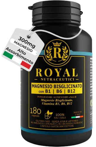 Magnesio Bisglicinato 300 mg + Vitamina B12 B6 B1 | Forma Chelata e Alta Biodisponibilità | Energia, Sistema Nervoso, Muscoli | 180 Capsule Vegan | Made in Italy ROYAL NUTRACEUTICI