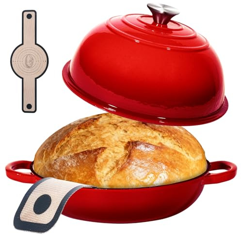6QT Enameled Cast Red Iron Dutch Oven For Sourdough Bread Baking | Dutch Oven Pot With Lid,Non-stick Sourdough Baking Pan with Bread Dome,Round Ceramic Dutch Oven Pot for Homemade