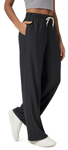 ODODOS Women's Straight Leg Pants Ultra Soft odSTRATUM Tech Relaxed Casual Pajama Lounge Pants with Pockets-31 Inseam, Black Heather, Large