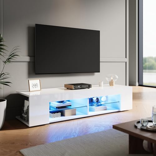 ZANOFIRA TV Stand Cabinet Unit with 16 RGB LED Lights, High Gloss White TV Stand with Glass Shelves & 2 Storage Compartments, 1350 x 390 x 300mm