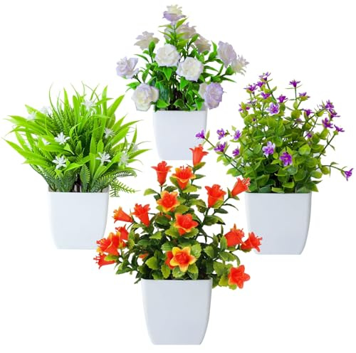 VAIGU:OA Künstliche Pflanzen mit Topf - 4 Stück Künstliche Blumen Klein, Kunstblumen im Topf, Deko Blumen Klein, Pflanzen Wie Echt im Topf für Tischdeko, Innen- und Außenbereich Deko Garten Cafe Büro