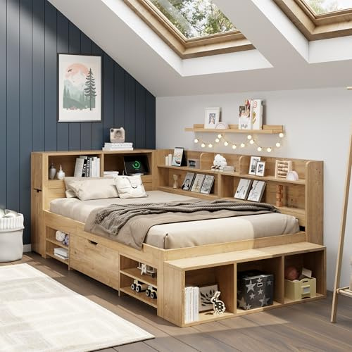 MOBETTRES Kinderbett, Einzelbett, multifunktionales Kinderbett mit Schubladen, Bücherregal und Stauschrank, großer Stauraum, Lattenrost, ohne Matratze (Natur, 90 * 200 cm)