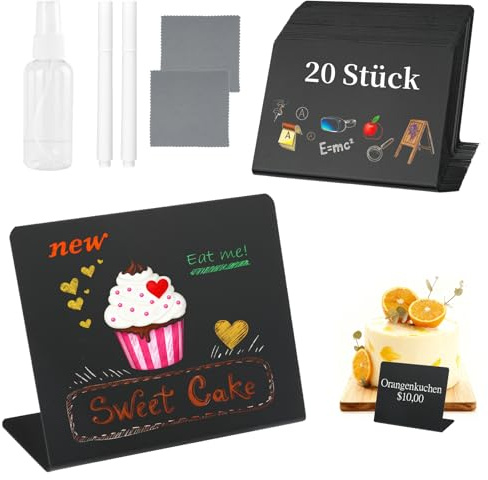 Kreidetafel Klein, 20 Stück L-Form Preisschilder, 100x75mm Mini Tafeln | Schiefertafel zum Beschriften, Buffet Schilder mit 2 Stifte 1 sprühflasche und 2 Putztuch, Mini Tafel für Buffet, Party, Café
