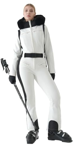 MOUS ONE Womens Ski Suit One Piece Snowsuit Slim Insulated Jumpsuit Warm Waterproof Outdoor Sports Outerwear（White，L）