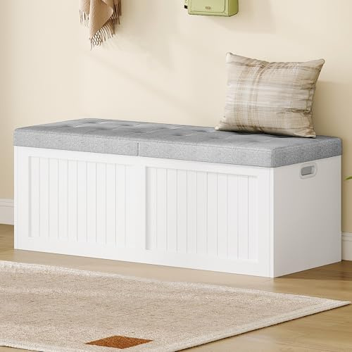 Hzuaneri Baul almacenaje, Banco con Compartimento de Almacenaje, Tapa Abatible de Gran Capacidad, Cojín de Lino, Ideal para Salón, Recibidor y Entrada, 40 x 109 x 44,5 cm, Blanco-Gris SB01903GY