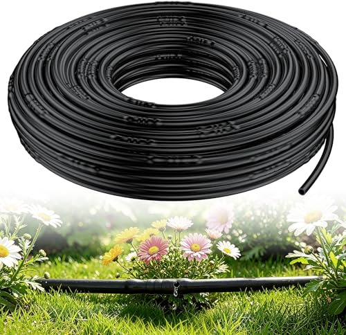 Pawfly 6.35 mm Irrigation Dripline Tubing (30.5 m Roll), Irrigation Dripline Tubing with 15 cm Emitter Spacing, Emitter Tubing Polyethylene Drip Line Black Distribution Tubing Drip Irrigation Hose