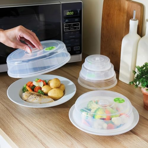 Basilico® Mikrowellen Abdeckung – Mikrowellenabdeckhauben 5 Stück – Mikrowellenhauben 5er-Set – Schüsseldeckel mit Spritzschutz – stapelbar, spülmaschinengeeignet, mit Dampfentlüftung – versch. Größen