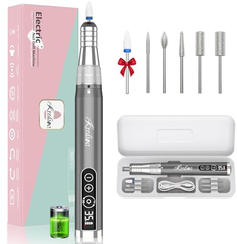 Kredioo Portable Cordless Nail Drill Machine 35000RPM with Storage Case | Professional Electric Nail File Manicure Pedicure Kit for Acrylic Gel Nails With LED Display, 6 Nail Bits, Grey