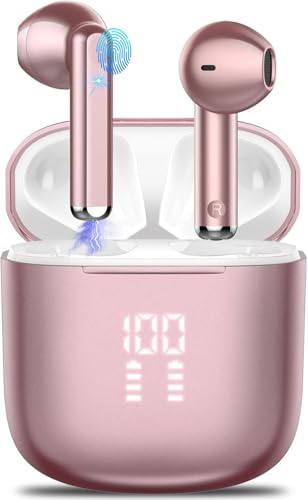 OYIB Wireless Earbuds, 2026 New Bluetooth 5.3 Headphones with HiFi Stereo and ENC Noise Cancelling Mic,25H Bluetooth Earphones with LED Display and IP7 Waterproof for Workout/Running,Rose Gold