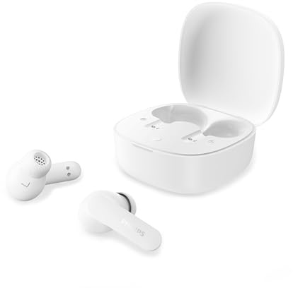 Philips TAT2200WT True Wireless Earbuds med aktiv brusreducering, 36h speltid, SecureFit spetsar, 4 micks Clear Calls, Bluetooth 6.0, IPX4, kompakt fodral, Vit
