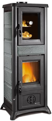 La Nordica Gemma Forno 165 Kaminofen Holzofen 6 kW Bordeaux emailliert Gusseisen mit Backfach Ø120 mm Raumheizer Dauerbrandofen für Scheitholz kompakt Klassische Bauform (Naturstein)