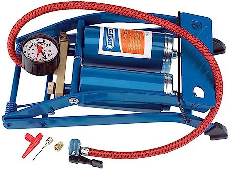 Draper Twin Cylinder Foot Pump and Gauge 100psi 4mm Steel Base Deliver