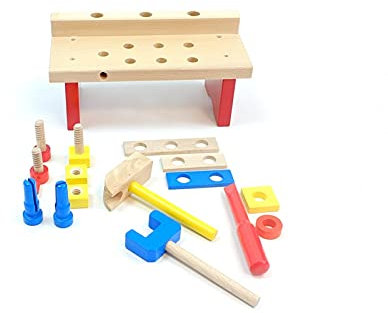 'Worky' Kleine Tischwerkbank / Werkbank 15-teilig / Made in Germany / Holz / Farbe: holzfarbend, blau, orange, rot+gelb / 29 x 13 x 13,5 cm