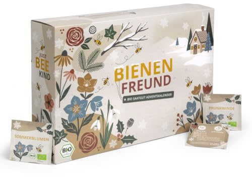 BIO Saatgut Adventskalender Bienen-Freund Samen Set - 24 Schachteln mit Blumen & Kräuter Samen, samenfest, personalisierbarer Garten-Kalender