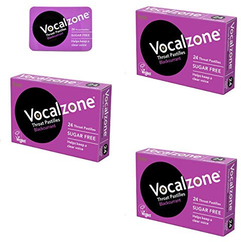 Vocalzone Throat Pastilles Blackcurrant Sugar Free 3 Packs + Free tin - for Sore Throats and Hoarseness When Overusing Your Voice. Produced and Sold in The United Kingdom Since 1912.