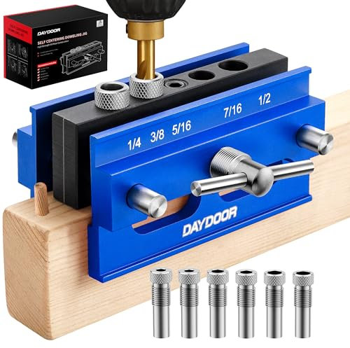DAYDOOR Self Centering Doweling Jig, Adjustable Width Dowel Jig for Straight Holes, Biscuit Joiner Set with 6 Bushings and 3 Drill Bits(Blue)