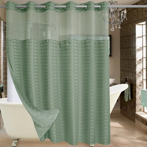 Conbo Mio Extra Wide No Hook Sage Green Shower Curtain with Snap in Liner Set, 108 x 74 Hotel Luxury Shower Curtains for Bathroom with See Through Top Window, Waterproof, Washable 108W x 74H