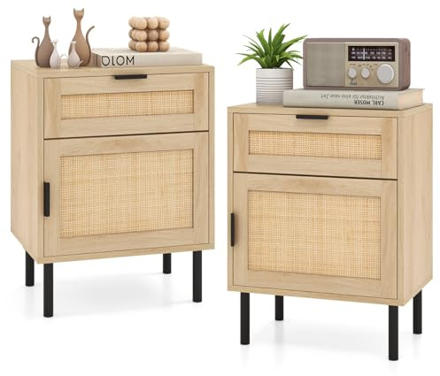 COSTWAY Rattan Bedside Tables Set of 2, Wooden Nightstand Sofa Side Table with Drawer & Cabinet, Solid Metal Legs Bedside Cabinet Accent End Table for Living Room Bedroom, 45x30x59cm (Natural)