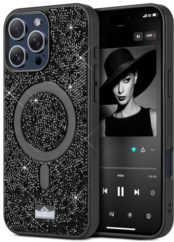BEZ Handyhülle für iPhone 16 Pro Max Hülle Glitzer, Kompatibel mit MagSafe, Sparkle Diamond Crystal Bling Hülle mit Bling & Co. Serie, Magnetisch Hülle für iPhone 16 Pro Max, Jet Schwarz