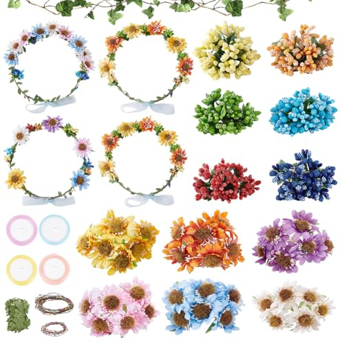 FREEBLOSS 16 Set Blumenkronen DIY Set Blumenkrone DIY Blumenkronen Chrysanthemen Stirnband Bastelset Handgefertigte Florale Haar Accessoires Für Hochzeit Geburtstag Feen Partygeschenke