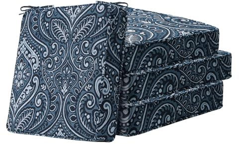 Unimatta Square Corner Seat Cushions, 18.5 x 16 x 3, Set of 4, Indoor Outdoor Water Repellent Universal Chair Pads with Ties for Patio Furniture, Garden Deck Dining Chairs, Damask Blue Flower