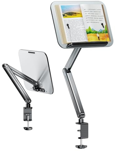Supporto per libri da tavolo con braccio a sbalzo, girevole a 360 gradi, pannello in alluminio-plastica, angolo regolabile, supporto da cucina per ereader, libri di testo, ricette, riviste, documenti