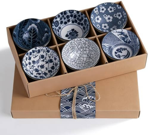 MEETOZ Juego de 6 cuencos de cerámica japoneses para arroz, cuenco de arroz con caja de regalo, ideal para cereales, sopa, postre, aperitivos, frutas, postres, helados, ensaladas, arroz, fideos