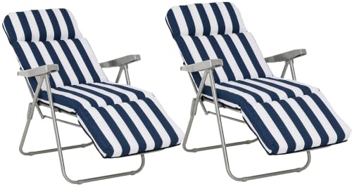 Outsunny Klappstühle 2er Set Gartenstuhl mit Armlehne 60 x 75 x 104 cm Blau | Sonnenliege Mit Liegefunktion, Klappbar, 5 Positionen, Auflage
