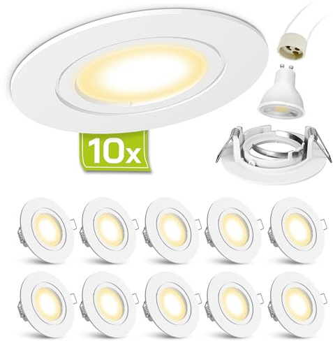 10 Stück LED Einbaustrahler Set weiß lackiert matt rund warmweiß 3W 230V - linovum® Einbauleuchte Anschluss ohne Trafo inkl. GU10 Fassung | Deckenspot weiß matt - warmweiß, Ersatz für 30W Halogen, ohne Trafo, für Wohn- & Schlafzimmer, inkl. GU10 LED