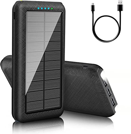 Batterie externe solaire 25800 mAh - Chargeur portable avec lumière LED - 3 sorties USB et 2 entrées - Pour le camping et l'extérieur - Compatible avec téléphone - Android (noir)