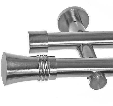BASIT Gardinenstange Edelstahllook 20mm 2-läufig Wand 200cm lang H41 | Gardinenstangenset doppelläufig Wandmontage Metall Vorhangstange Wandhalterung 120-600cm wählbar Kappe Knauf E86