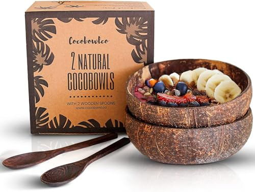 COCOBOWLCO Coconut Bowl Set with Wooden Spoons –White Elephant Gifts For Adults, Christmas Gifts. Eco-Friendly Acai Bowls, Yogurt Bowls & Smoothie Bowl – Ideal for Ninja Creami (2, Natural)