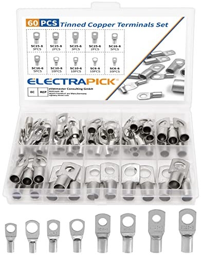 electrapick 60PCS Bolt Hole Tinned Copper Terminals Set-Wire terminals Connector Cable lugs Ring Battery SC Terminals Set Marine Grade Cold-Pressed Crimp Type (Silver, 60 Pcs)